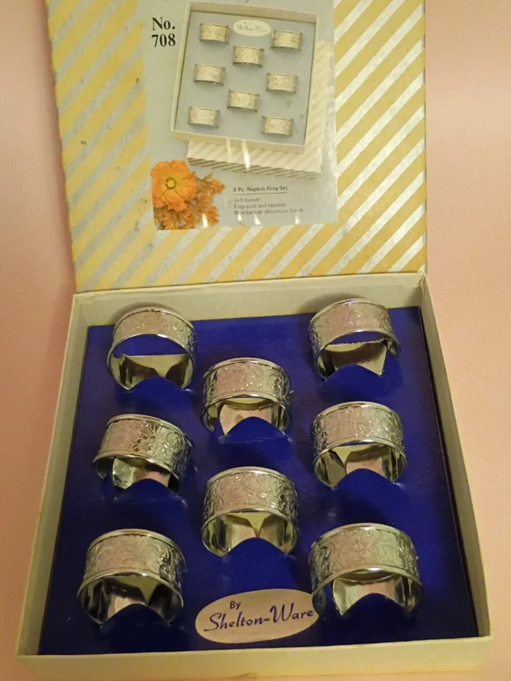 Vintage Carefree Chromium Shelton Ware Napkin Rings Embossed Florals #708 Set 8